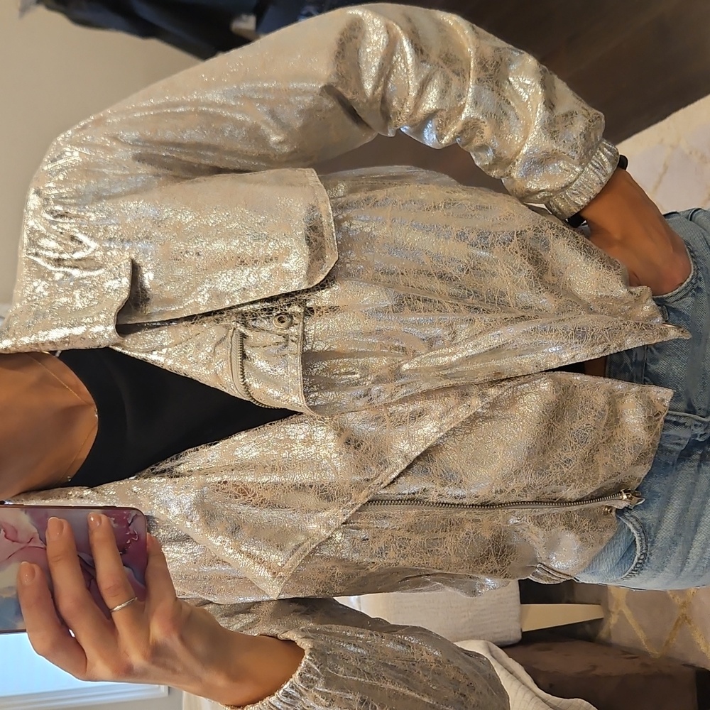 BRAND NEW SILVER CRACKLE CRINKLE EFFECT METALLIC BIKER BOMBER JACKET SIZE M $130
